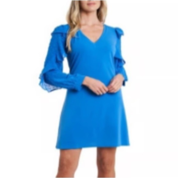 NWT CeCe by Cynthia Steffe Mix Media Long Sleeve Sheath Dress in Cosmic Blue - Picture 1 of 12